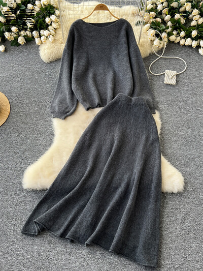 SINGREINY maigi korejiešu 2gab uzvalki sievietēm rudens ziemas brīvs džemperis+elastīgi jostasvietas svārki Sieviešu pamati Adīšana Divu gabalu komplekti