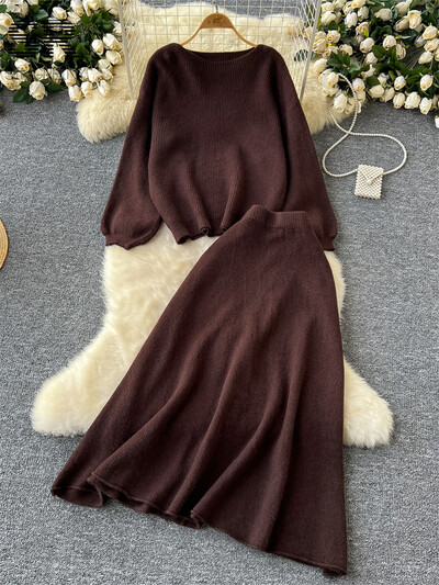 SINGREINY maigi korejiešu 2gab uzvalki sievietēm rudens ziemas brīvs džemperis+elastīgi jostasvietas svārki Sieviešu pamati Adīšana Divu gabalu komplekti