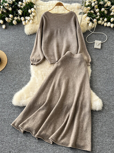 SINGREINY maigi korejiešu 2gab uzvalki sievietēm rudens ziemas brīvs džemperis+elastīgi jostasvietas svārki Sieviešu pamati Adīšana Divu gabalu komplekti