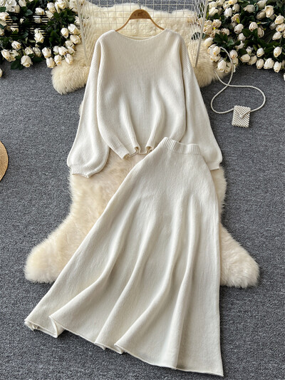 SINGREINY maigi korejiešu 2gab uzvalki sievietēm rudens ziemas brīvs džemperis+elastīgi jostasvietas svārki Sieviešu pamati Adīšana Divu gabalu komplekti