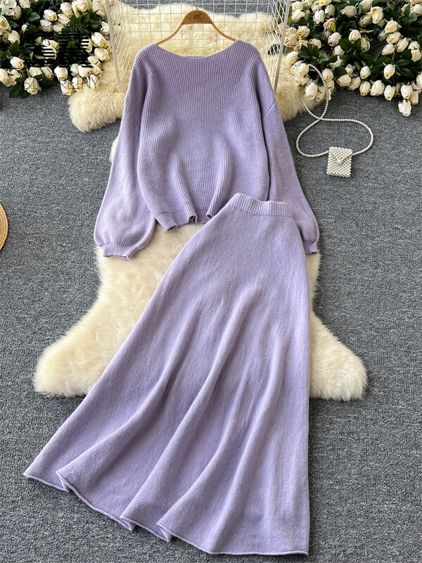 SINGREINY maigi korejiešu 2gab uzvalki sievietēm rudens ziemas brīvs džemperis+elastīgi jostasvietas svārki Sieviešu pamati Adīšana Divu gabalu komplekti