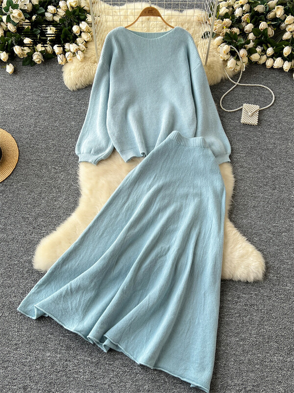 SINGREINY maigi korejiešu 2gab uzvalki sievietēm rudens ziemas brīvs džemperis+elastīgi jostasvietas svārki Sieviešu pamati Adīšana Divu gabalu komplekti