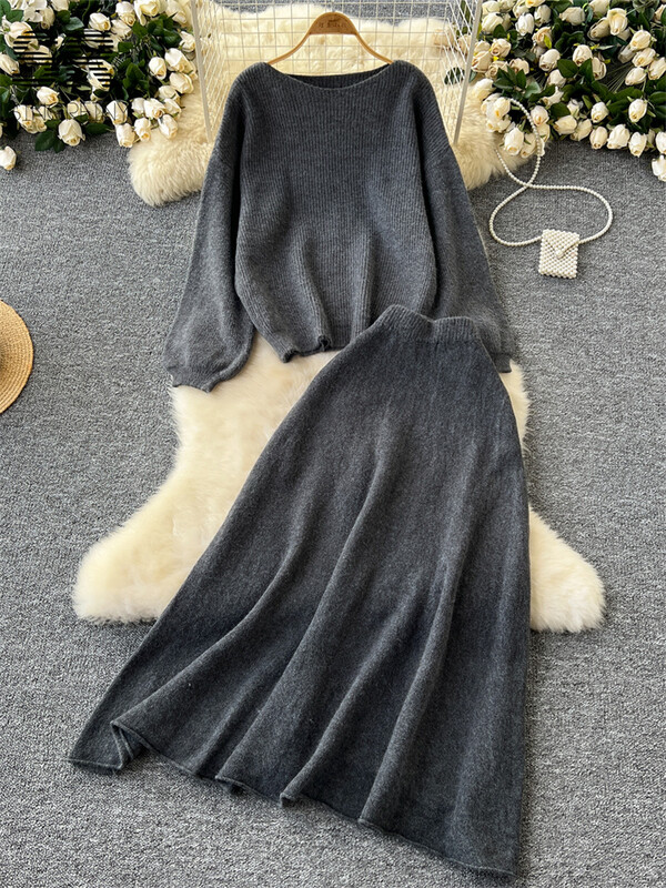 SINGREINY maigi korejiešu 2gab uzvalki sievietēm rudens ziemas brīvs džemperis+elastīgi jostasvietas svārki Sieviešu pamati Adīšana Divu gabalu komplekti