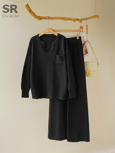 SINGREINY Solid Split Kašmira uzvalki Sieviešu V kakla Kabatas Dizains Pulovers + Bikses ar platām kājām Ziemas gadījuma pamata brīvi adīti 2gab komplekti