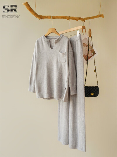 SINGREINY Solid Split Kašmira uzvalki Sieviešu V kakla Kabatas Dizains Pulovers + Bikses ar platām kājām Ziemas gadījuma pamata brīvi adīti 2gab komplekti