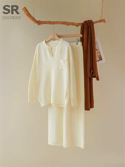 SINGREINY Solid Split Kašmira uzvalki Sieviešu V kakla Kabatas Dizains Pulovers + Bikses ar platām kājām Ziemas gadījuma pamata brīvi adīti 2gab komplekti