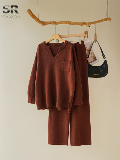 SINGREINY Solid Split Kašmira uzvalki Sieviešu V kakla Kabatas Dizains Pulovers + Bikses ar platām kājām Ziemas gadījuma pamata brīvi adīti 2gab komplekti