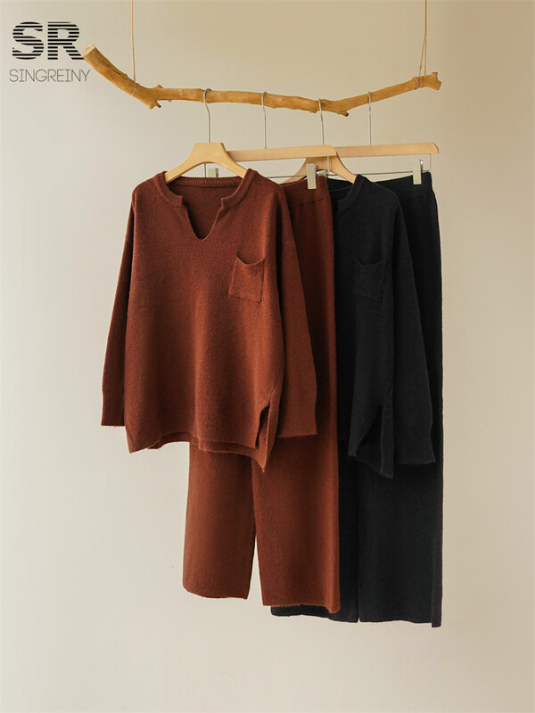 SINGREINY Solid Split Kašmira uzvalki Sieviešu V kakla Kabatas Dizains Pulovers + Bikses ar platām kājām Ziemas gadījuma pamata brīvi adīti 2gab komplekti