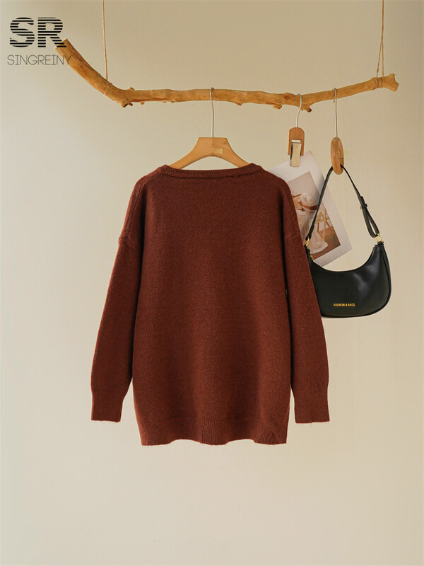 SINGREINY Solid Split Kašmira uzvalki Sieviešu V kakla Kabatas Dizains Pulovers + Bikses ar platām kājām Ziemas gadījuma pamata brīvi adīti 2gab komplekti