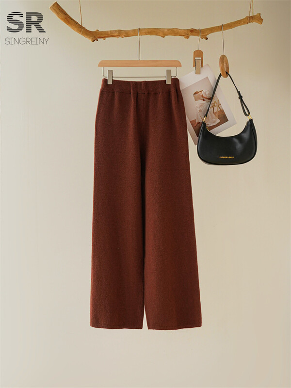 SINGREINY Solid Split Kašmira uzvalki Sieviešu V kakla Kabatas Dizains Pulovers + Bikses ar platām kājām Ziemas gadījuma pamata brīvi adīti 2gab komplekti