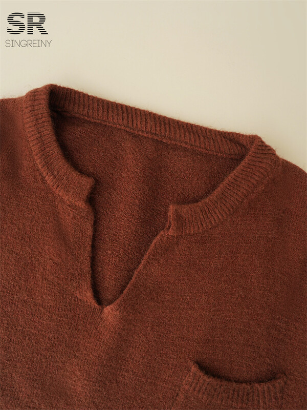 SINGREINY Solid Split Kašmira uzvalki Sieviešu V kakla Kabatas Dizains Pulovers + Bikses ar platām kājām Ziemas gadījuma pamata brīvi adīti 2gab komplekti