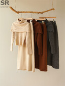 SINGREINY Nježna odijela od 3 komada od kašmira Ženski pulover s dugim rukavima i O izrezom + jednobojni šal + suknja s elastičnim strukom Jesen Zima OL kompleti