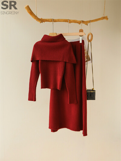 SINGREINY Nježna odijela od 3 komada od kašmira Ženski pulover s dugim rukavima i O izrezom + jednobojni šal + suknja s elastičnim strukom Jesen Zima OL kompleti
