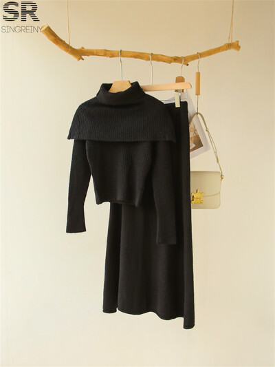 SINGREINY Nježna odijela od 3 komada od kašmira Ženski pulover s dugim rukavima i O izrezom + jednobojni šal + suknja s elastičnim strukom Jesen Zima OL kompleti