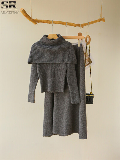 SINGREINY Nježna odijela od 3 komada od kašmira Ženski pulover s dugim rukavima i O izrezom + jednobojni šal + suknja s elastičnim strukom Jesen Zima OL kompleti
