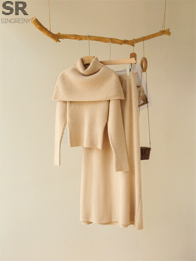 SINGREINY Nježna odijela od 3 komada od kašmira Ženski pulover s dugim rukavima i O izrezom + jednobojni šal + suknja s elastičnim strukom Jesen Zima OL kompleti