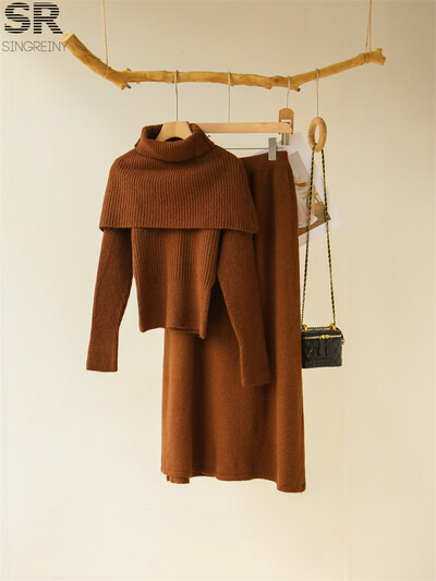 SINGREINY Nježna odijela od 3 komada od kašmira Ženski pulover s dugim rukavima i O izrezom + jednobojni šal + suknja s elastičnim strukom Jesen Zima OL kompleti