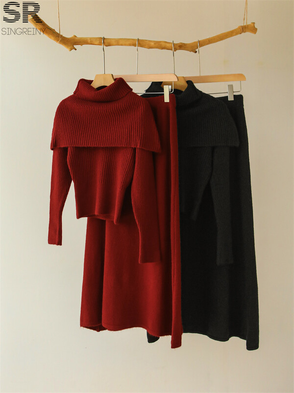 SINGREINY Nježna odijela od 3 komada od kašmira Ženski pulover s dugim rukavima i O izrezom + jednobojni šal + suknja s elastičnim strukom Jesen Zima OL kompleti