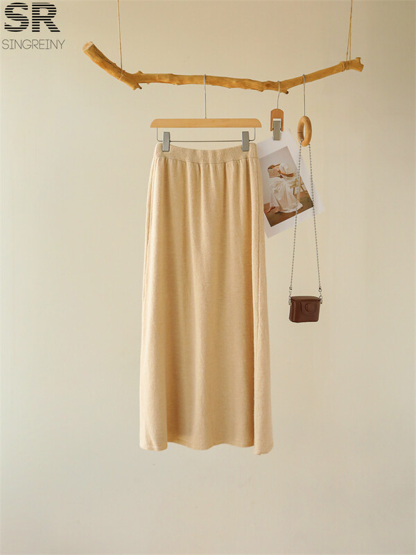 SINGREINY Nježna odijela od 3 komada od kašmira Ženski pulover s dugim rukavima i O izrezom + jednobojni šal + suknja s elastičnim strukom Jesen Zima OL kompleti