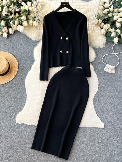 SINGREINY vabaaja kudum, kaheosaline komplekt talveks naiste pikkade varrukatega V-kaelusega kardigan elastne vöökoht, mood pikk OL kampsun, ülikond, seelik
