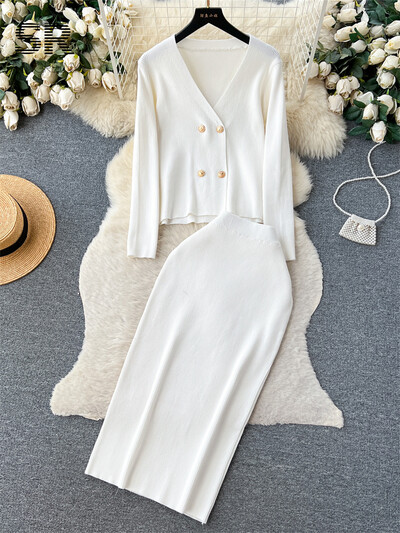 SINGREINY vabaaja kudum, kaheosaline komplekt talveks naiste pikkade varrukatega V-kaelusega kardigan elastne vöökoht, mood pikk OL kampsun, ülikond, seelik