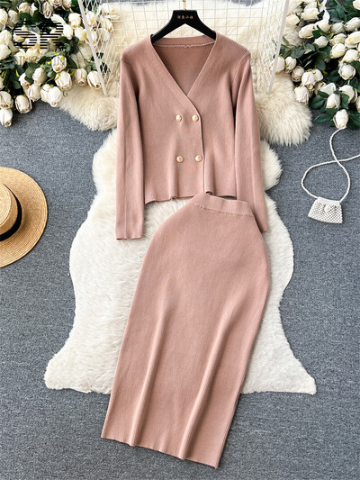 SINGREINY vabaaja kudum, kaheosaline komplekt talveks naiste pikkade varrukatega V-kaelusega kardigan elastne vöökoht, mood pikk OL kampsun, ülikond, seelik