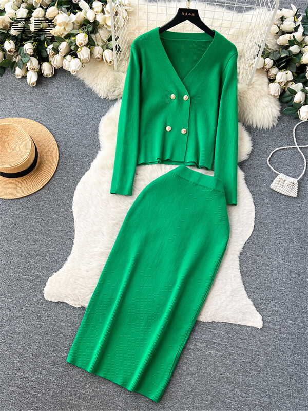 SINGREINY vabaaja kudum, kaheosaline komplekt talveks naiste pikkade varrukatega V-kaelusega kardigan elastne vöökoht, mood pikk OL kampsun, ülikond, seelik