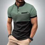 Vīriešu vasaras biznesa ikdienas ērts polo krekls vīriešu ikdienas atpūtas sporta stenda apkakle Tops 3D svītrains T-krekls ar īsām piedurknēm