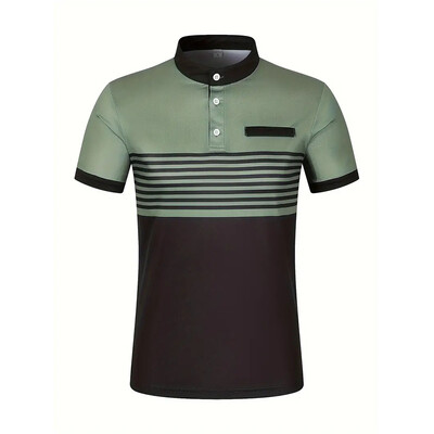 Vīriešu vasaras biznesa ikdienas ērts polo krekls vīriešu ikdienas atpūtas sporta stenda apkakle Tops 3D svītrains T-krekls ar īsām piedurknēm