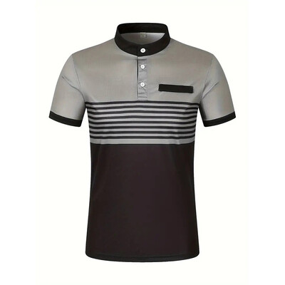 Vīriešu vasaras biznesa ikdienas ērts polo krekls vīriešu ikdienas atpūtas sporta stenda apkakle Tops 3D svītrains T-krekls ar īsām piedurknēm