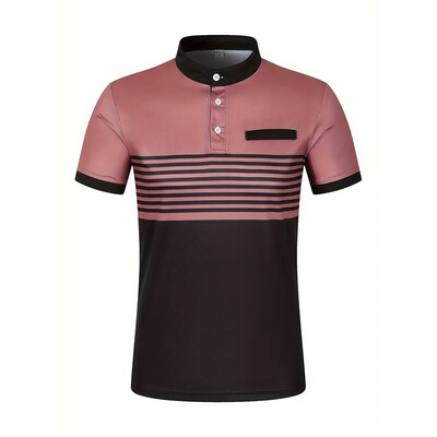 Vīriešu vasaras biznesa ikdienas ērts polo krekls vīriešu ikdienas atpūtas sporta stenda apkakle Tops 3D svītrains T-krekls ar īsām piedurknēm