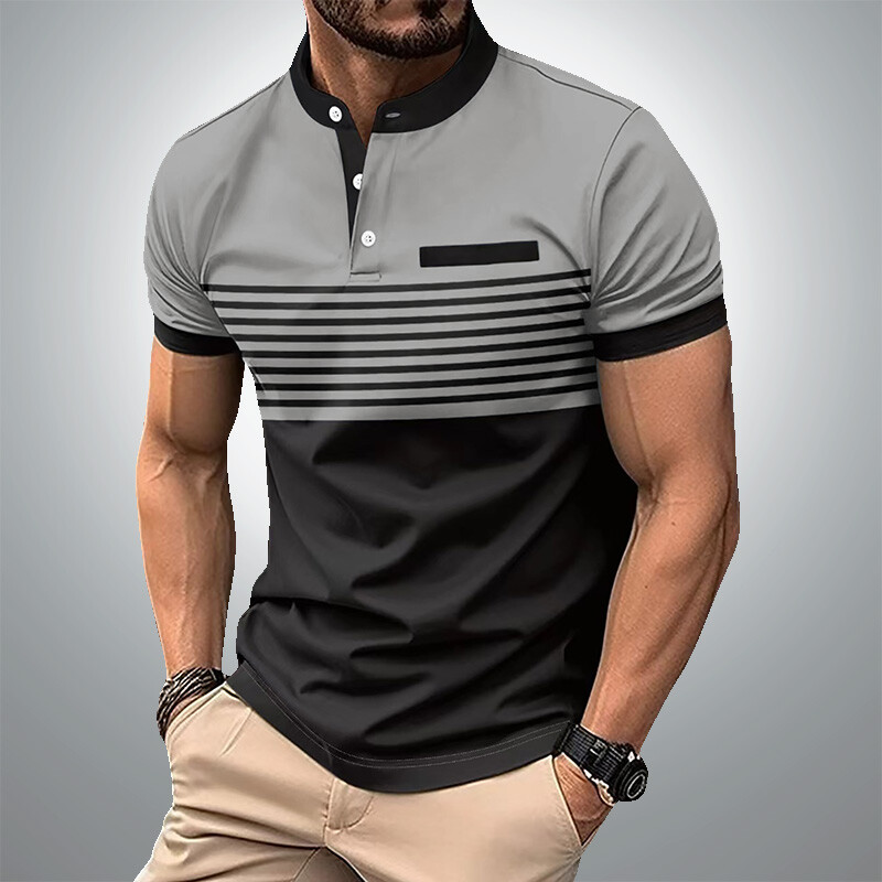 Vīriešu vasaras biznesa ikdienas ērts polo krekls vīriešu ikdienas atpūtas sporta stenda apkakle Tops 3D svītrains T-krekls ar īsām piedurknēm