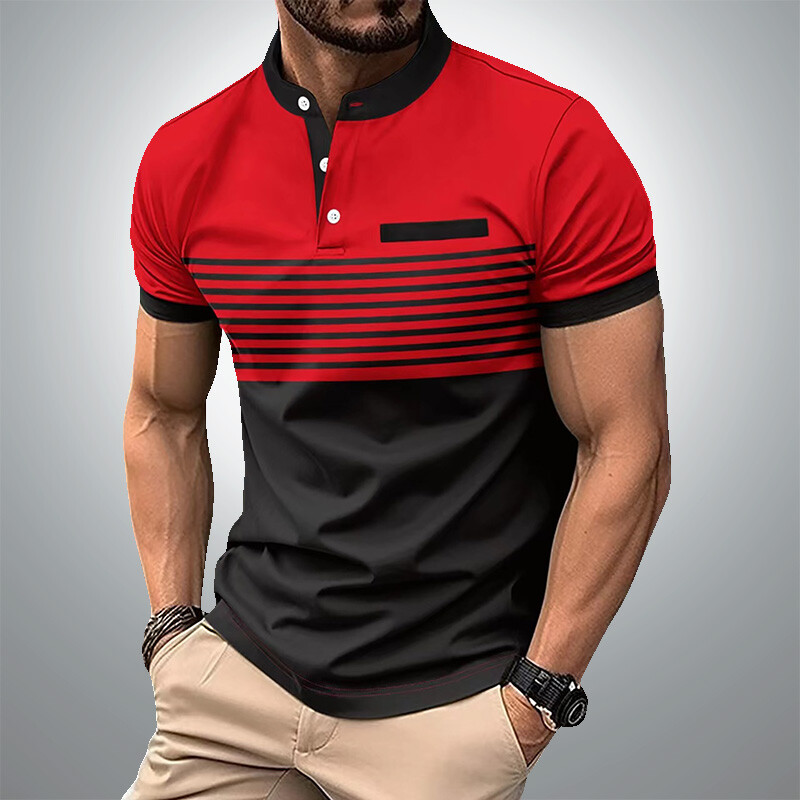 Vīriešu vasaras biznesa ikdienas ērts polo krekls vīriešu ikdienas atpūtas sporta stenda apkakle Tops 3D svītrains T-krekls ar īsām piedurknēm