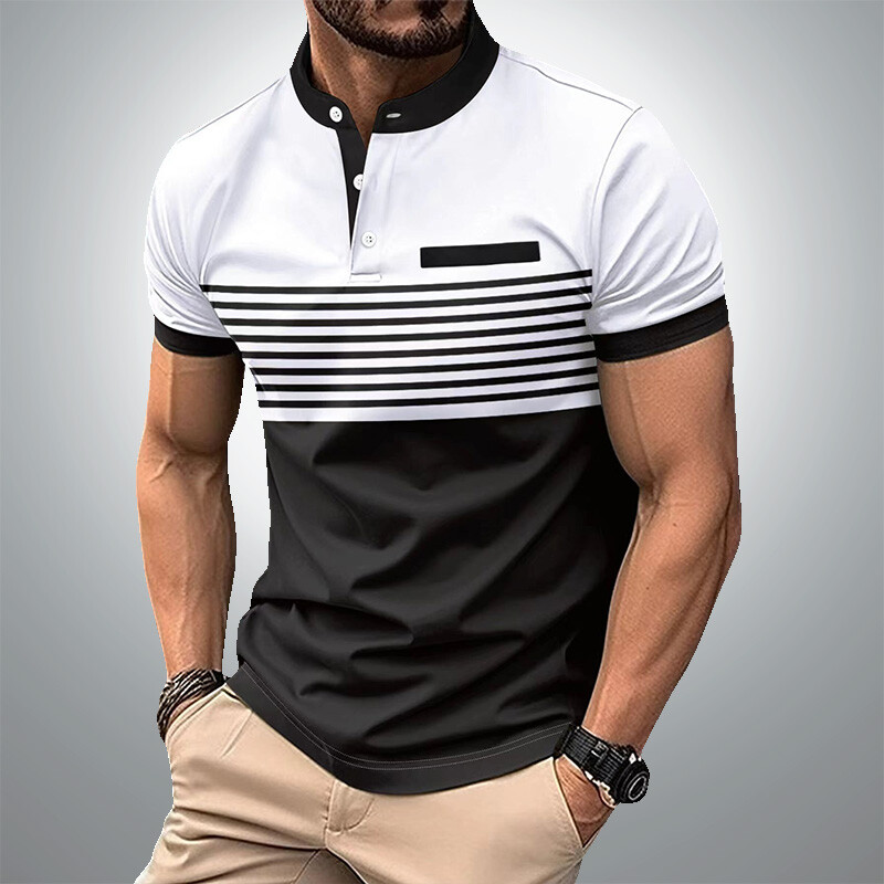 Vīriešu vasaras biznesa ikdienas ērts polo krekls vīriešu ikdienas atpūtas sporta stenda apkakle Tops 3D svītrains T-krekls ar īsām piedurknēm