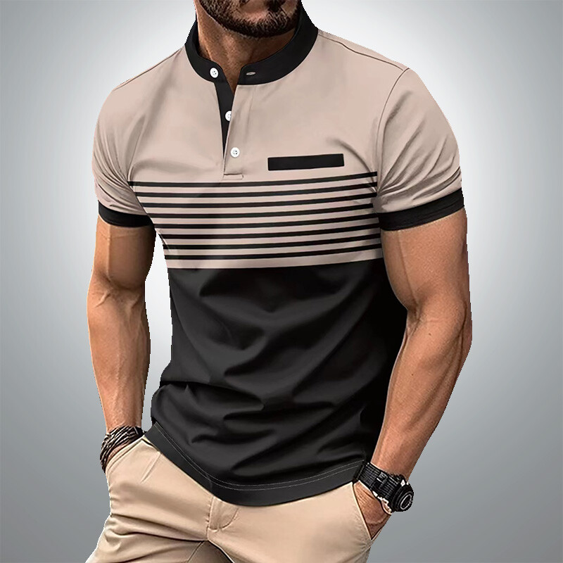 Vīriešu vasaras biznesa ikdienas ērts polo krekls vīriešu ikdienas atpūtas sporta stenda apkakle Tops 3D svītrains T-krekls ar īsām piedurknēm