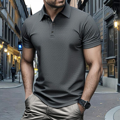 Vasaras vīriešu polo krekls ar īsām piedurknēm Biznesa biroja augstas kvalitātes pārslēdzams apkaklis ledus zīds ar augstu elastību modes ikdienas T-krekls