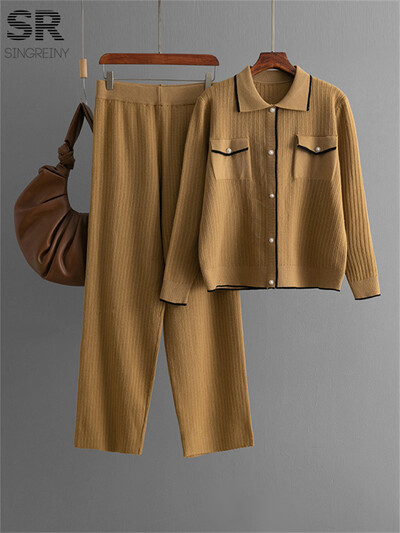 SINGREINY franču stila adīšana 2gab uzvalki sievietēm viltus kabatas vienrindas polo kakla augšdaļa + garās bikses modes divu gabalu komplekti