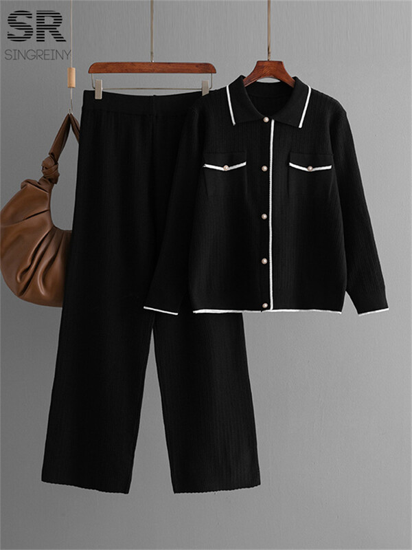 SINGREINY franču stila adīšana 2gab uzvalki sievietēm viltus kabatas vienrindas polo kakla augšdaļa + garās bikses modes divu gabalu komplekti