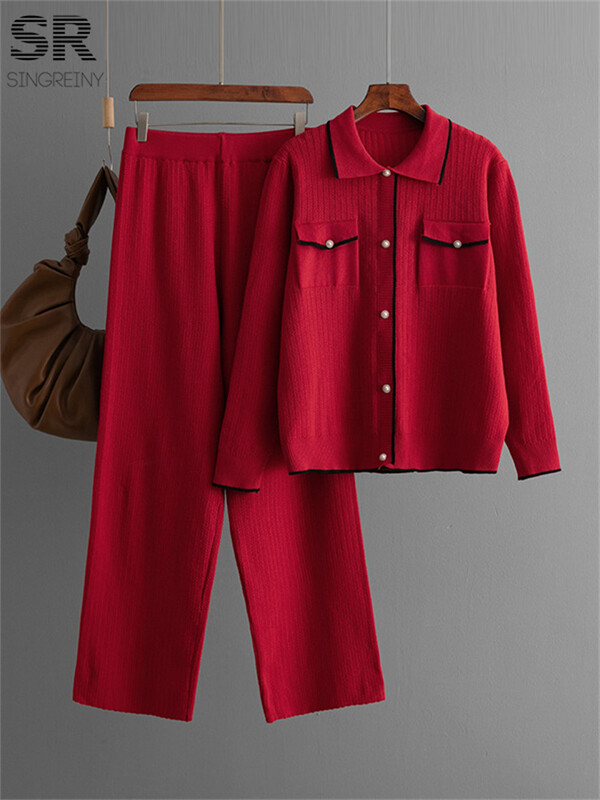 SINGREINY franču stila adīšana 2gab uzvalki sievietēm viltus kabatas vienrindas polo kakla augšdaļa + garās bikses modes divu gabalu komplekti