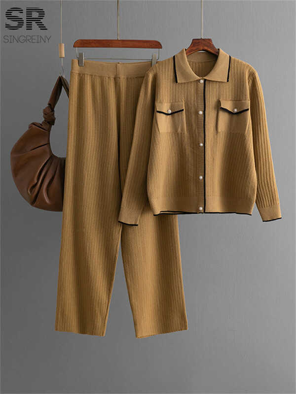 SINGREINY franču stila adīšana 2gab uzvalki sievietēm viltus kabatas vienrindas polo kakla augšdaļa + garās bikses modes divu gabalu komplekti