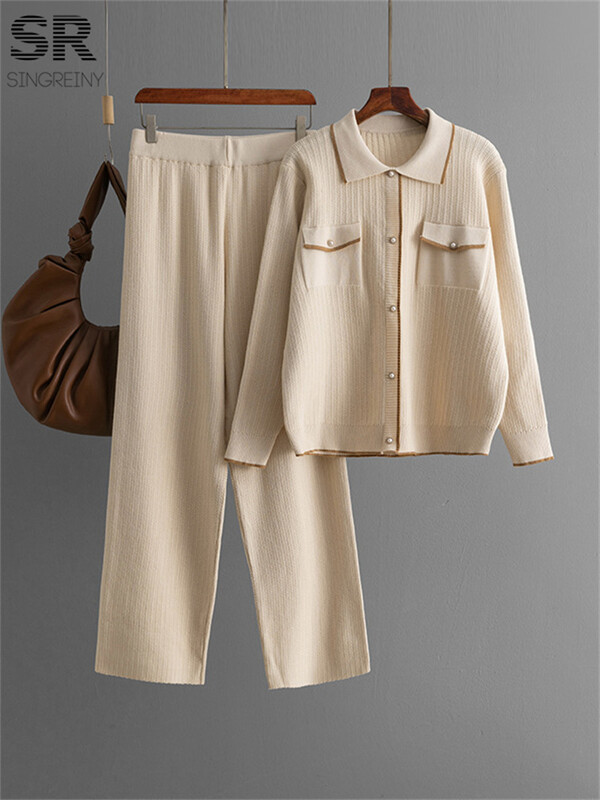 SINGREINY franču stila adīšana 2gab uzvalki sievietēm viltus kabatas vienrindas polo kakla augšdaļa + garās bikses modes divu gabalu komplekti