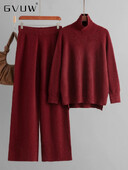 GVUW trikotāžas bikšu komplekts sievietēm ar pilnām piedurknēm bruņurupuču džemperis + platas bikses ikdienas jauns 2025. gada sieviešu apģērbs 17G9079