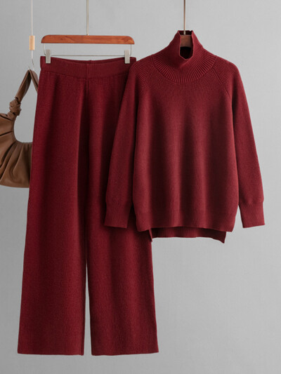 GVUW trikotāžas bikšu komplekts sievietēm ar pilnām piedurknēm bruņurupuču džemperis + platas bikses ikdienas jauns 2025. gada sieviešu apģērbs 17G9079