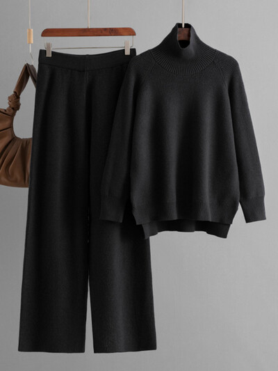 GVUW trikotāžas bikšu komplekts sievietēm ar pilnām piedurknēm bruņurupuču džemperis + platas bikses ikdienas jauns 2025. gada sieviešu apģērbs 17G9079