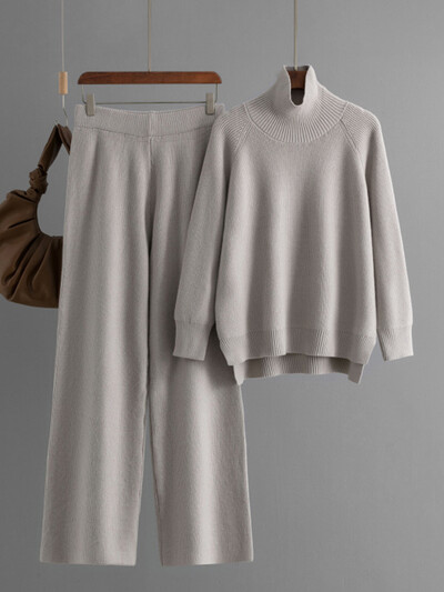 GVUW trikotāžas bikšu komplekts sievietēm ar pilnām piedurknēm bruņurupuču džemperis + platas bikses ikdienas jauns 2025. gada sieviešu apģērbs 17G9079