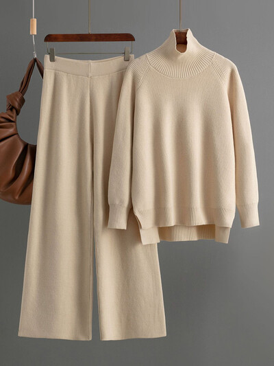 GVUW trikotāžas bikšu komplekts sievietēm ar pilnām piedurknēm bruņurupuču džemperis + platas bikses ikdienas jauns 2025. gada sieviešu apģērbs 17G9079