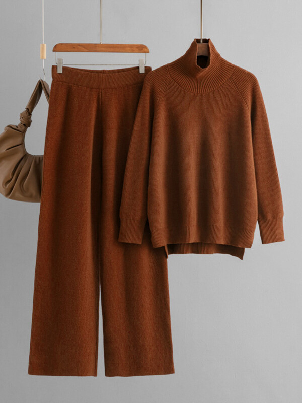 GVUW trikotāžas bikšu komplekts sievietēm ar pilnām piedurknēm bruņurupuču džemperis + platas bikses ikdienas jauns 2025. gada sieviešu apģērbs 17G9079