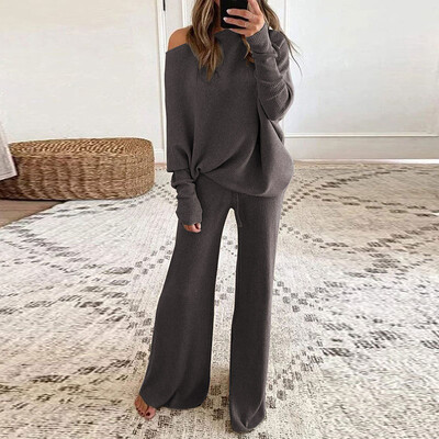 Divu gabalu trikotāžas komplekti Sieviešu eleganti džemperi ar garām piedurknēm, bikses ar augstu vidukli, sieviešu kostīmi, 2024. gada ziemas sieviešu tērpi