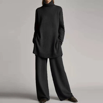 Avarate kootud pulloveriga pükste komplekt Naiste vabaaja turtlene kaelusega kampsun, laia säärega pikad püksid 2025. aasta kevade uus daami soliidsed ülikonnad