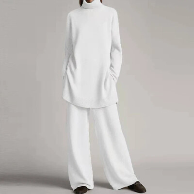 Avarate kootud pulloveriga pükste komplekt Naiste vabaaja turtlene kaelusega kampsun, laia säärega pikad püksid 2025. aasta kevade uus daami soliidsed ülikonnad